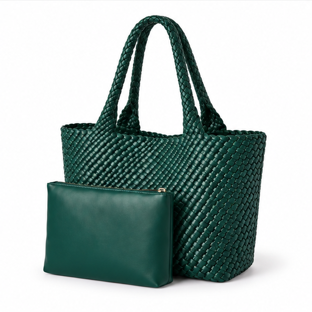 Emerald Woven Tote Bag With Pouch-3
