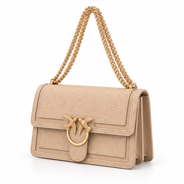 Khaki Embossed Gold Chain Shoulder Bag-3