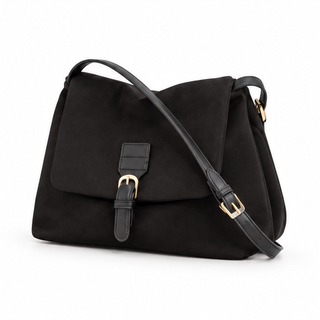 Black Suede Buckle Crossbody Shoulder Bag-3