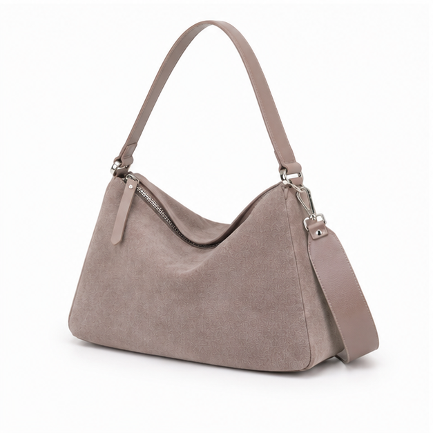 Grey Suede Slouchy Hobo Shoulder Bag-3