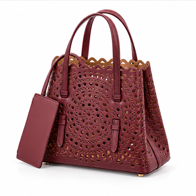 Elegant Laser Cut Burgundy Tote Handbag-3