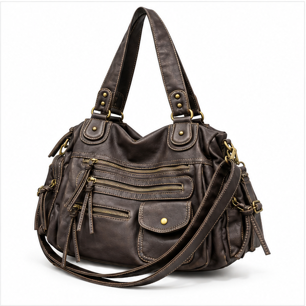 Vintage Brown Multi-Pocket Leather Shoulder Bag-3