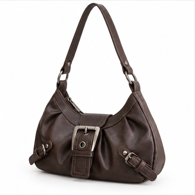 Vintage Brown Buckle Shoulder Hobo Bag-3