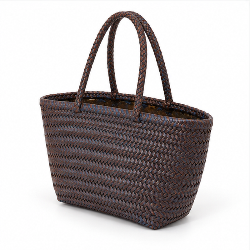 Brown Blue Woven Structured Everyday Tote-3