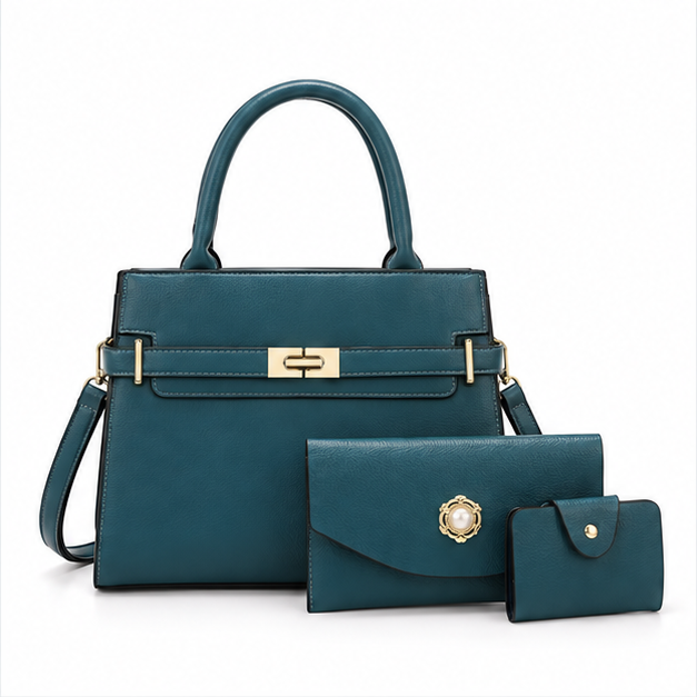 Teal Structured Handbag Three Piece Set-4