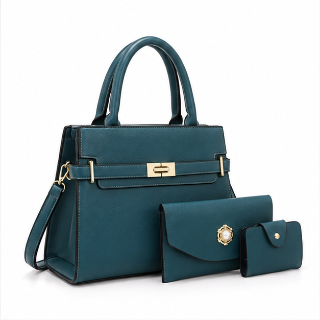 Teal Structured Handbag Three Piece Set-1