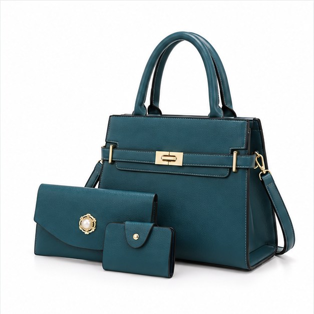 Teal Structured Handbag Three Piece Set-3