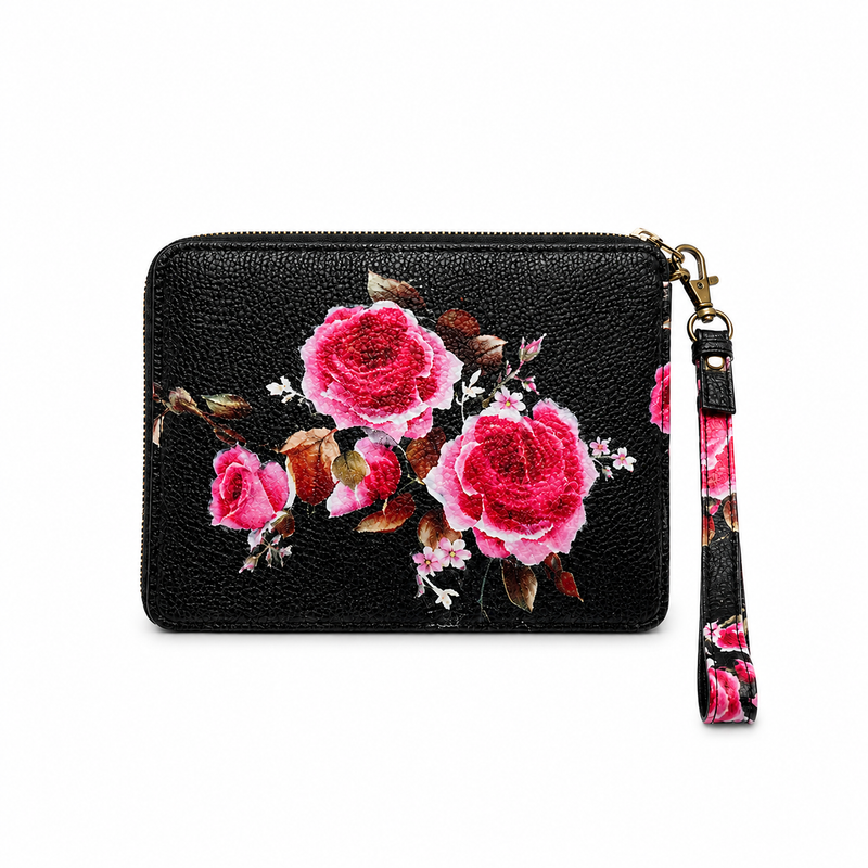 Black Floral Print Zip-Around Wristlet Wallet-3
