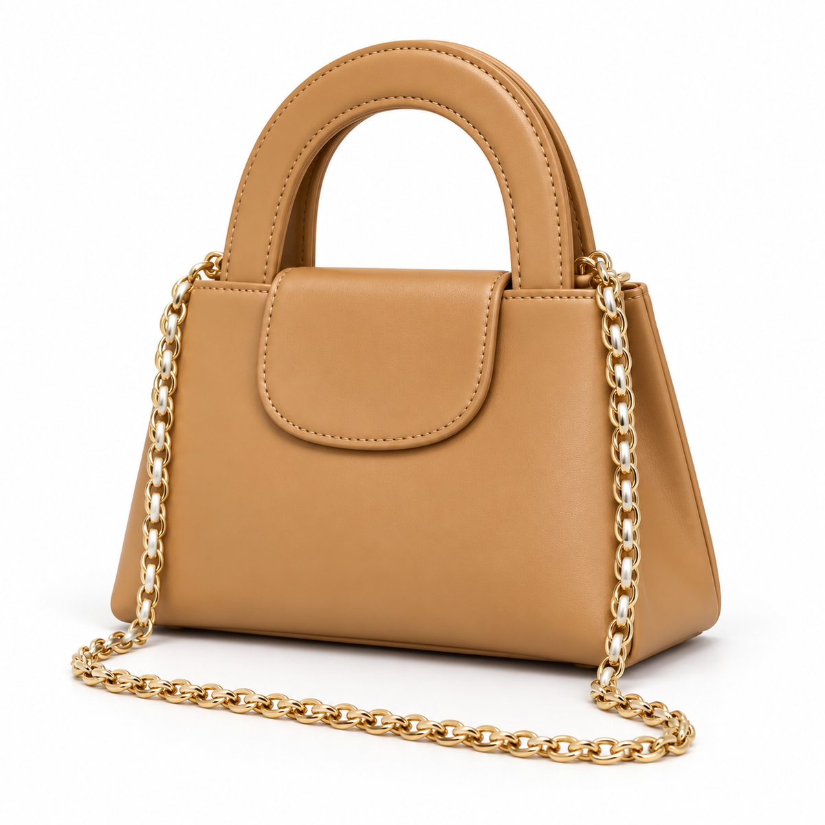 Camel Vegan Leather Chain Handle Handbag