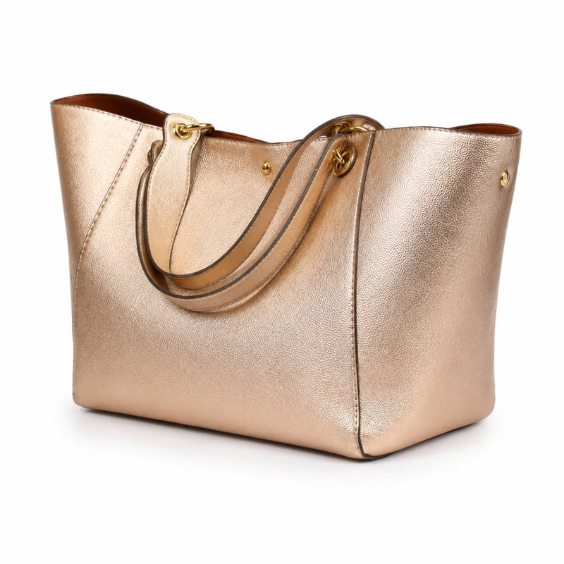 Metallic Champagne Gold Structured Tote Handbag with Double Handles-1