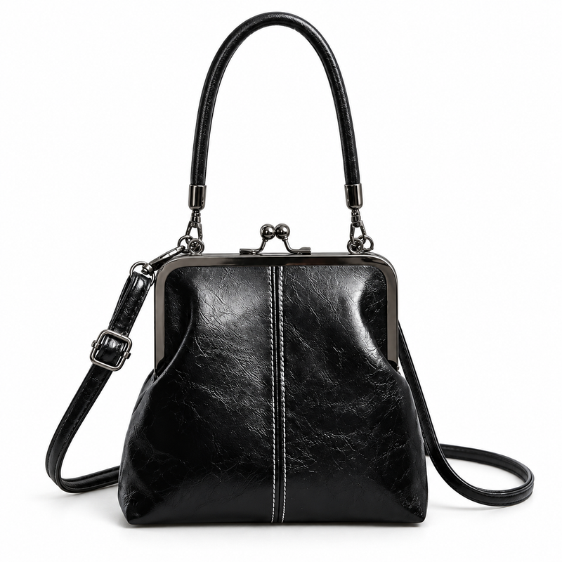 Vintage Black Kiss Lock Shoulder Handbag-4