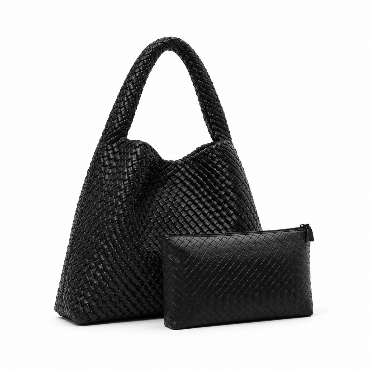 Black Woven Hobo Tote With Pouch