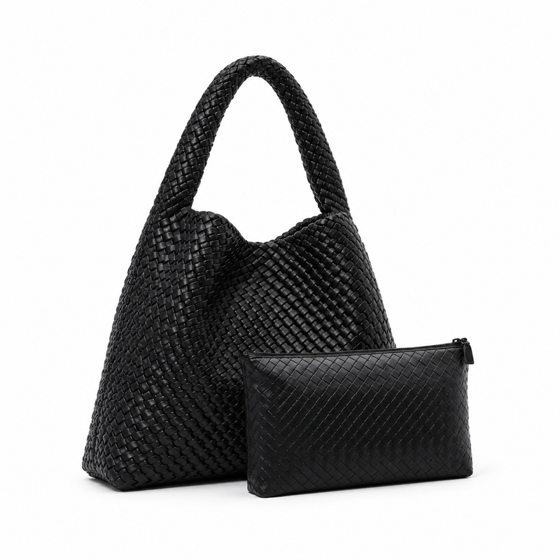 Black Woven Hobo Tote With Pouch-1