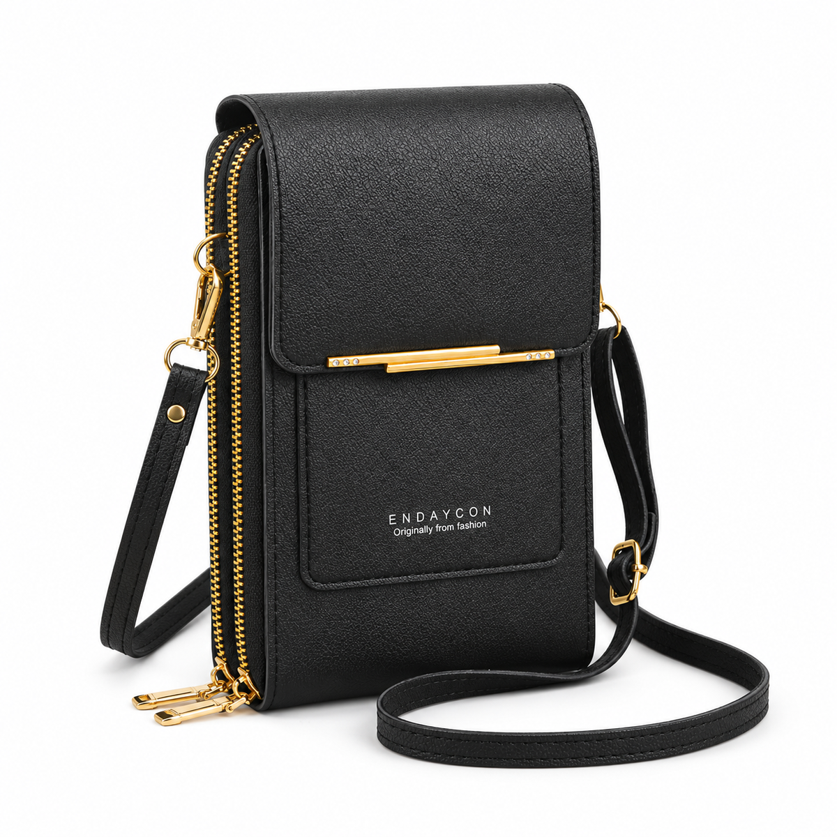 Black Textured Crossbody Bag With Gold-4