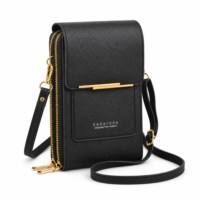 Black Textured Crossbody Bag With Gold-4