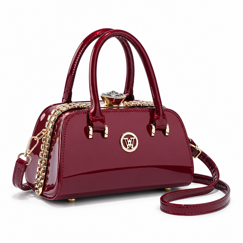 Elegant Burgundy Glossy Handbag With Crystal-1