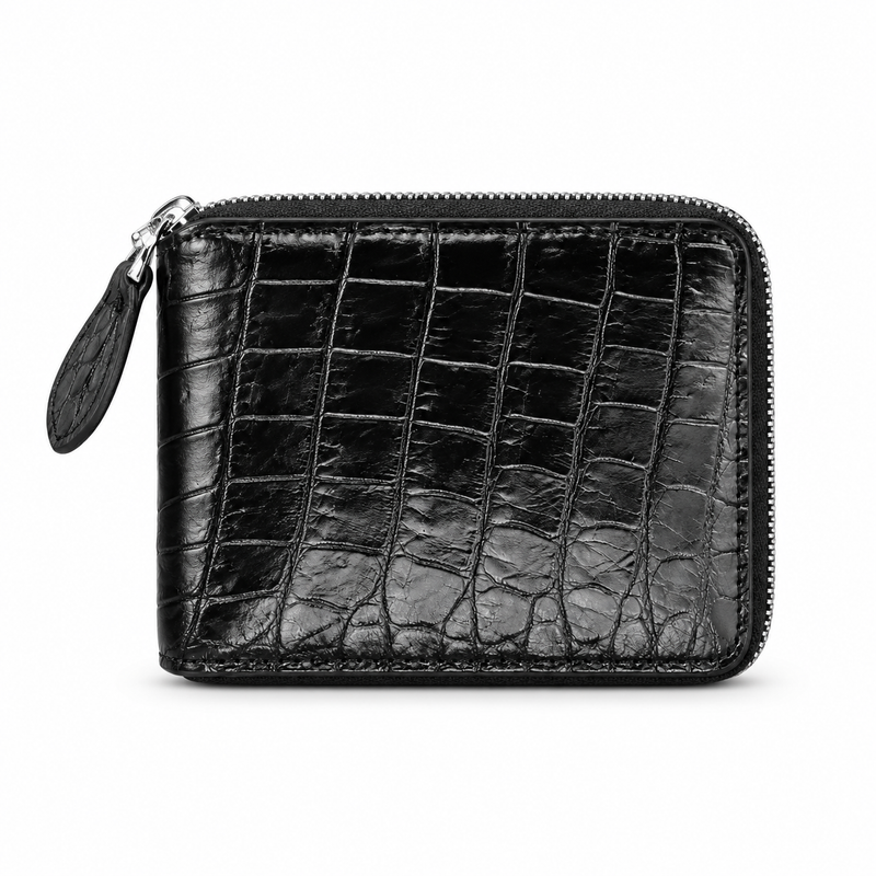 Black Crocodile Textured Compact Zipper Wallet-3
