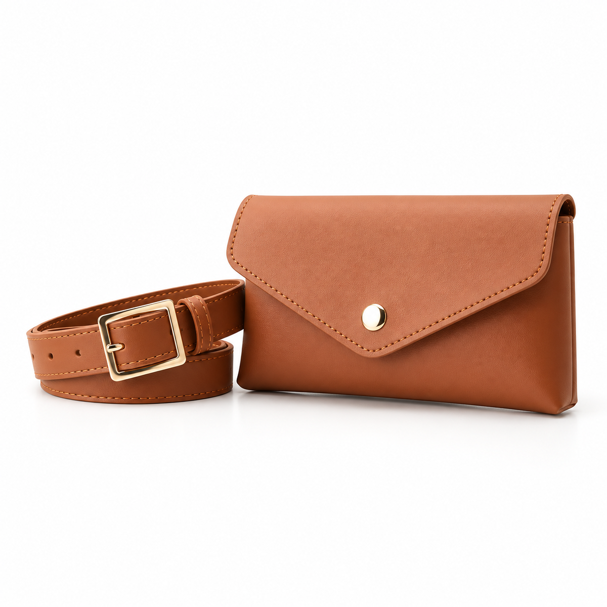 Tan Envelope Waist Belt Bag With Buckle-3