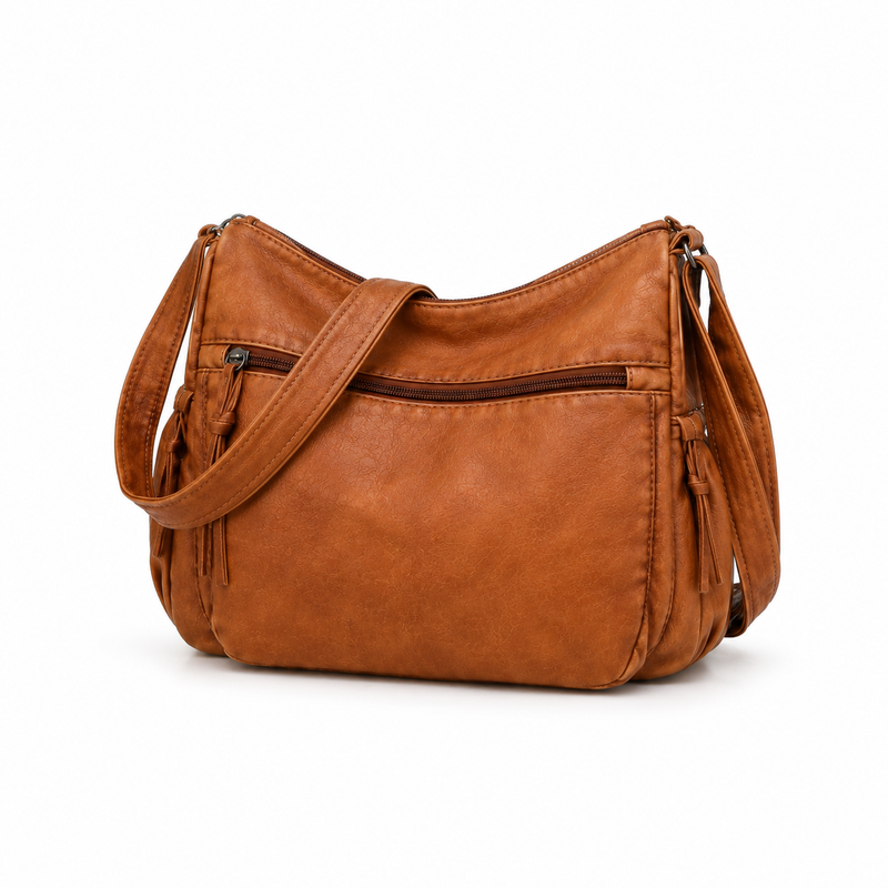 Vintage Cognac Multi-Zip Shoulder Crossbody Bag-2