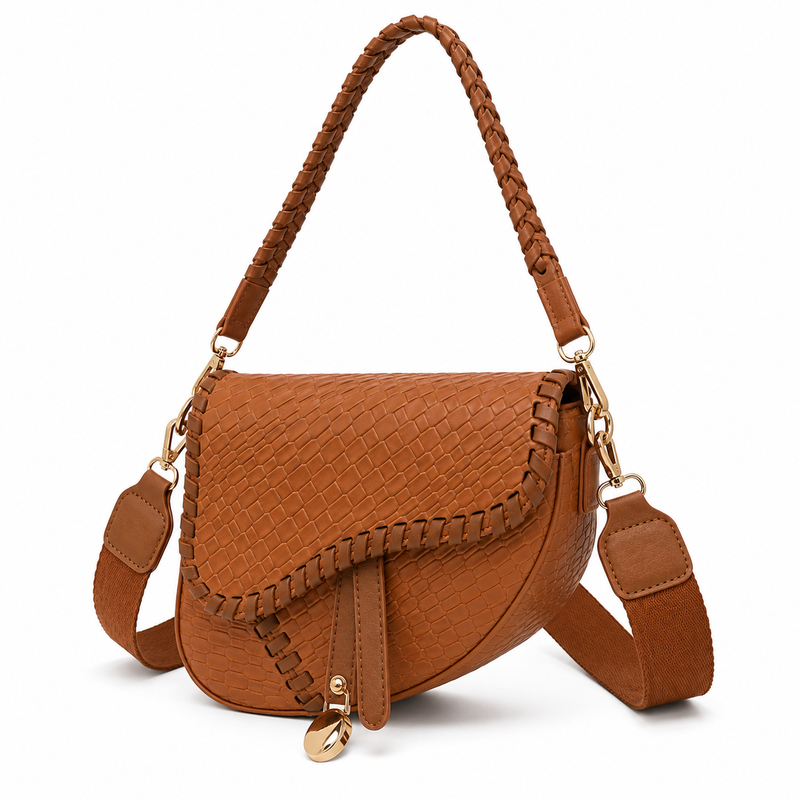 Cognac Woven Leather Saddle Shoulder Bag with Braided Handle & Crossbody Strap-3