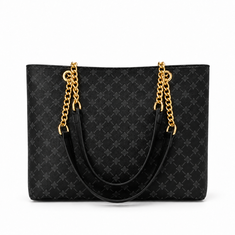 Elegant Black Monogram Chain Tote Bag-2