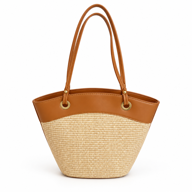 Beige Woven Tote With Brown Trim-4