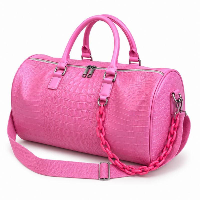 Pink Crocodile Embossed Leather Duffel Bag-3