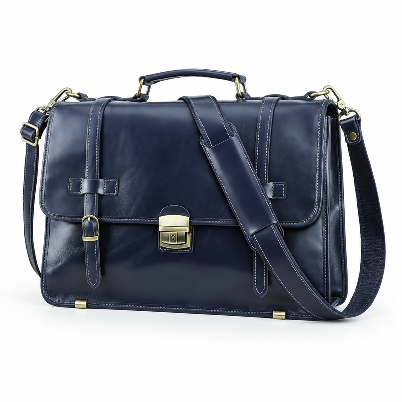 Classic Navy Leather Briefcase Shoulder Bag-2