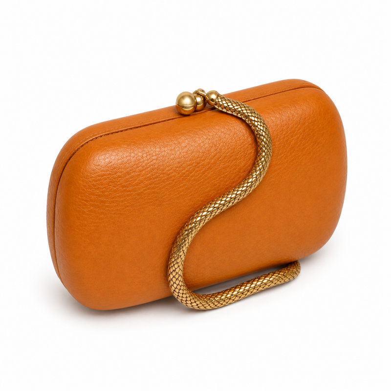 Orange Pebbled Leather Clutch Bag with Gold Snake Chain-1