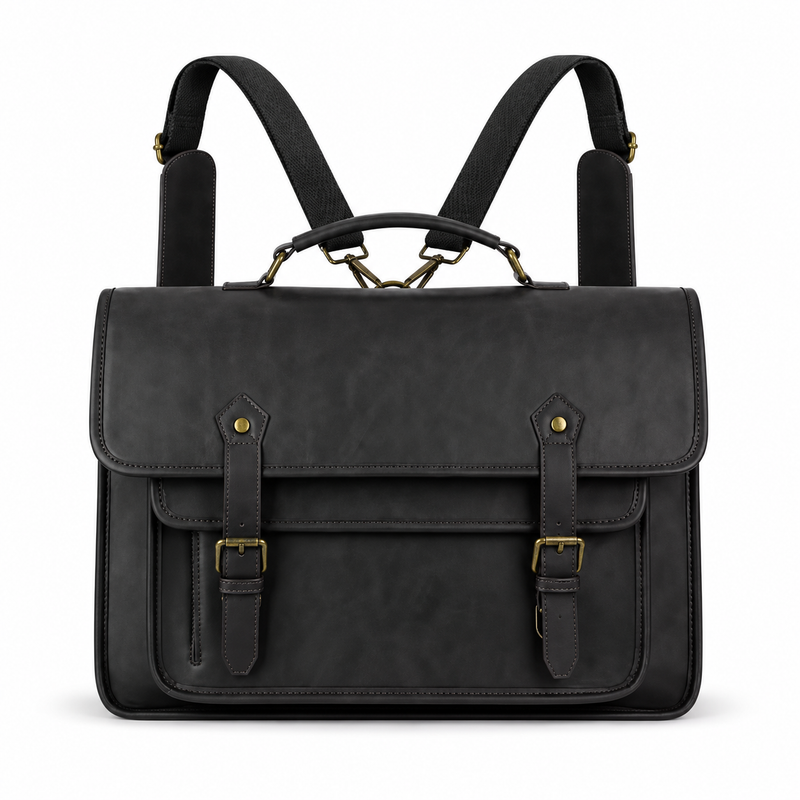 Classic Black Leather Briefcase Backpack Bag-4