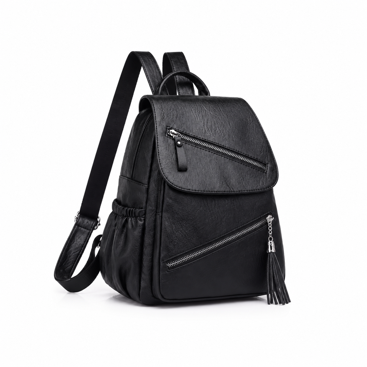 Black Textured Backpack With Tassel Detail
