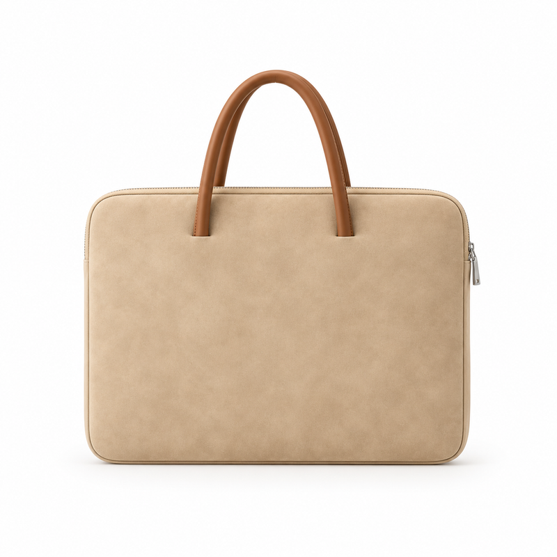 Beige Leather Laptop Bag With Handles-2