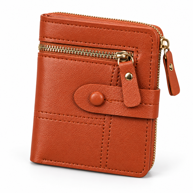 Cognac Compact Wallet With Zipper Pockets-3