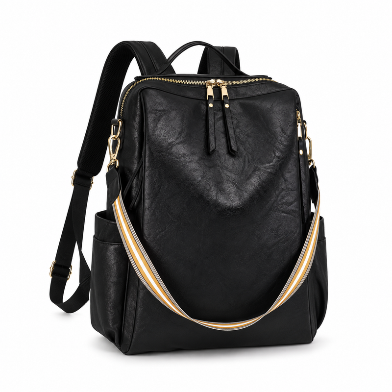 Black Textured Backpack With Striped Strap-1