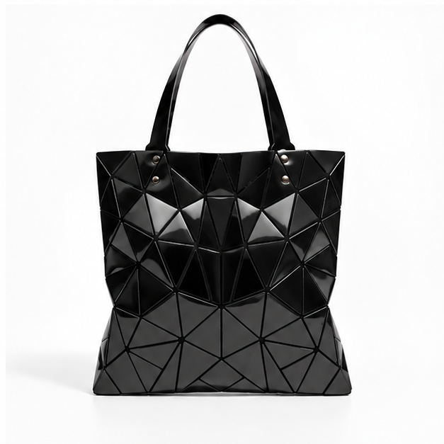 Black Geometric Glossy Structured Tote Bag-2