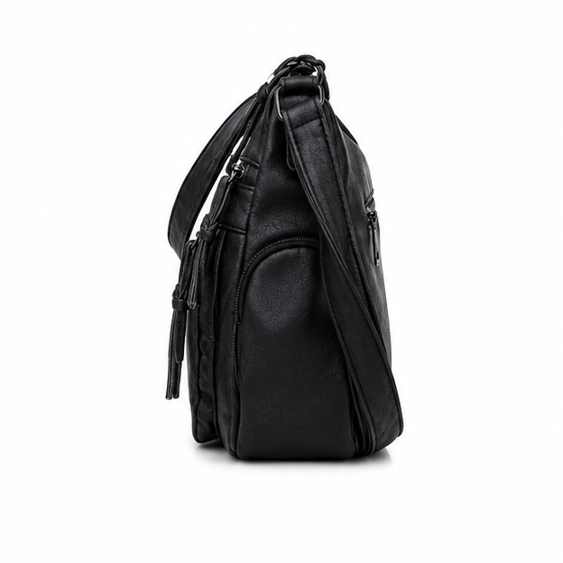 Black Multi-Zip Soft Leather Crossbody Hobo Bag-3