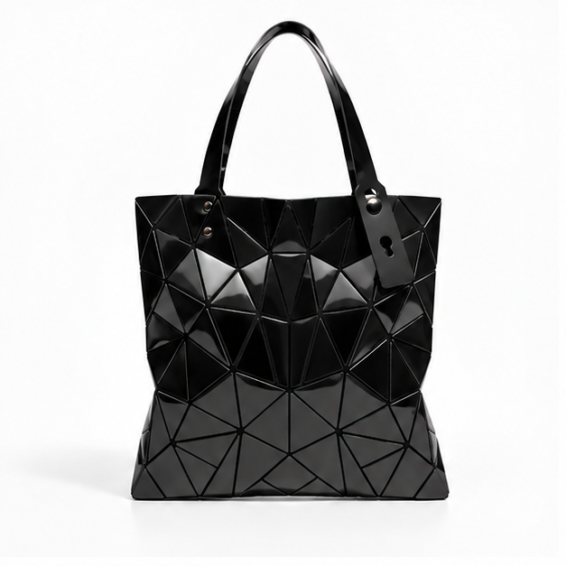 Black Geometric Glossy Structured Tote Bag-4