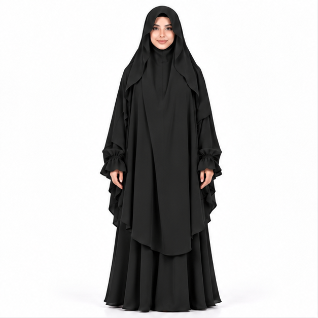 Elegant Black Flowing Layered Women's Khimar-1