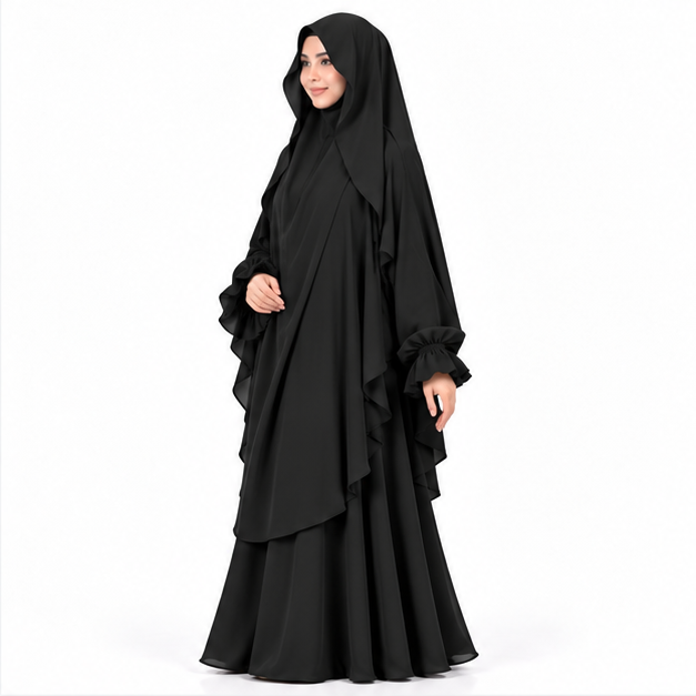 Elegant Black Flowing Layered Women's Khimar-3