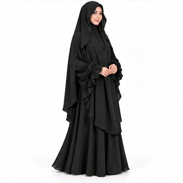 Elegant Black Flowing Layered Women's Khimar-2
