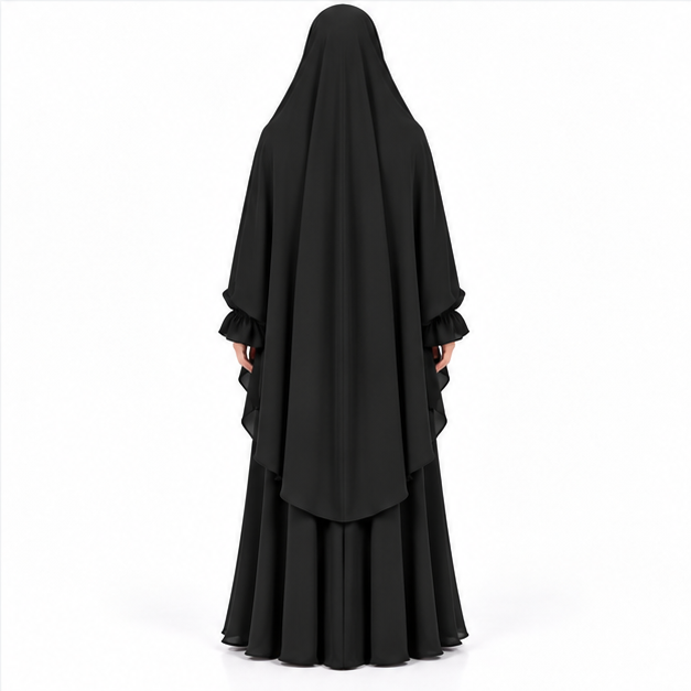 Elegant Black Flowing Layered Women's Khimar-4