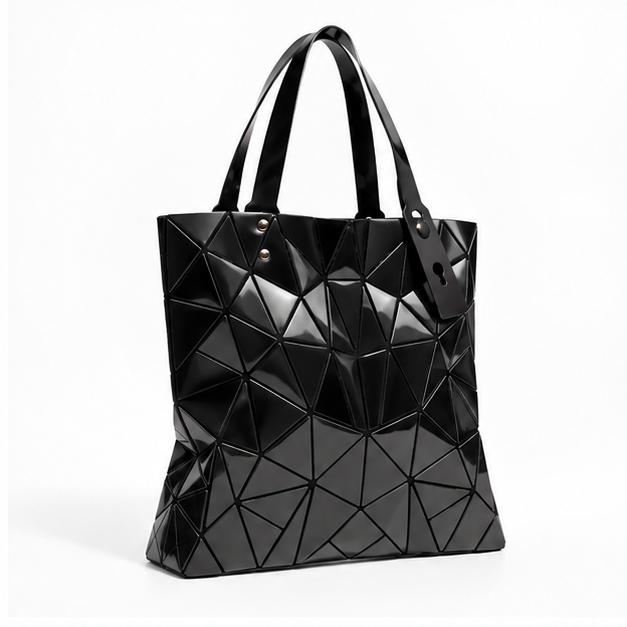 Black Geometric Glossy Structured Tote Bag-1
