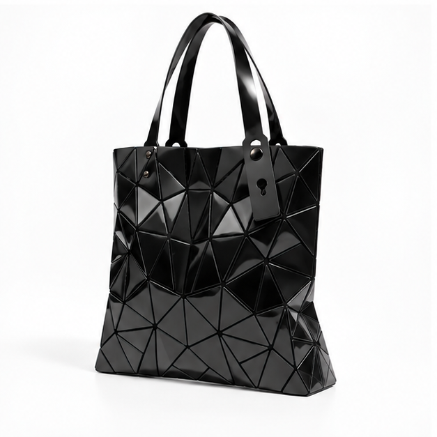 Black Geometric Glossy Structured Tote Bag-3