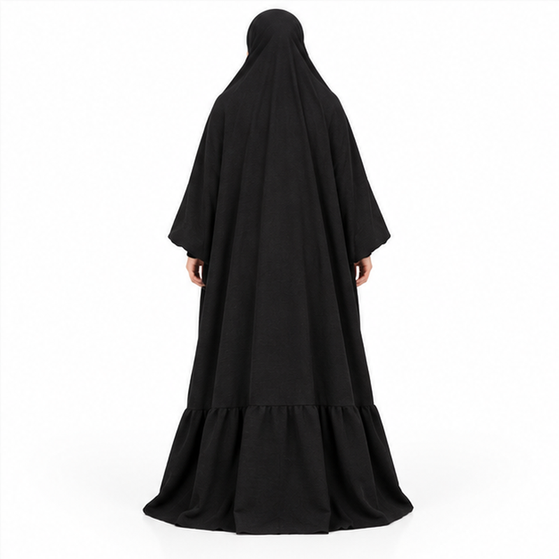 Elegant Black Jilbab With Ruffled Hem-4