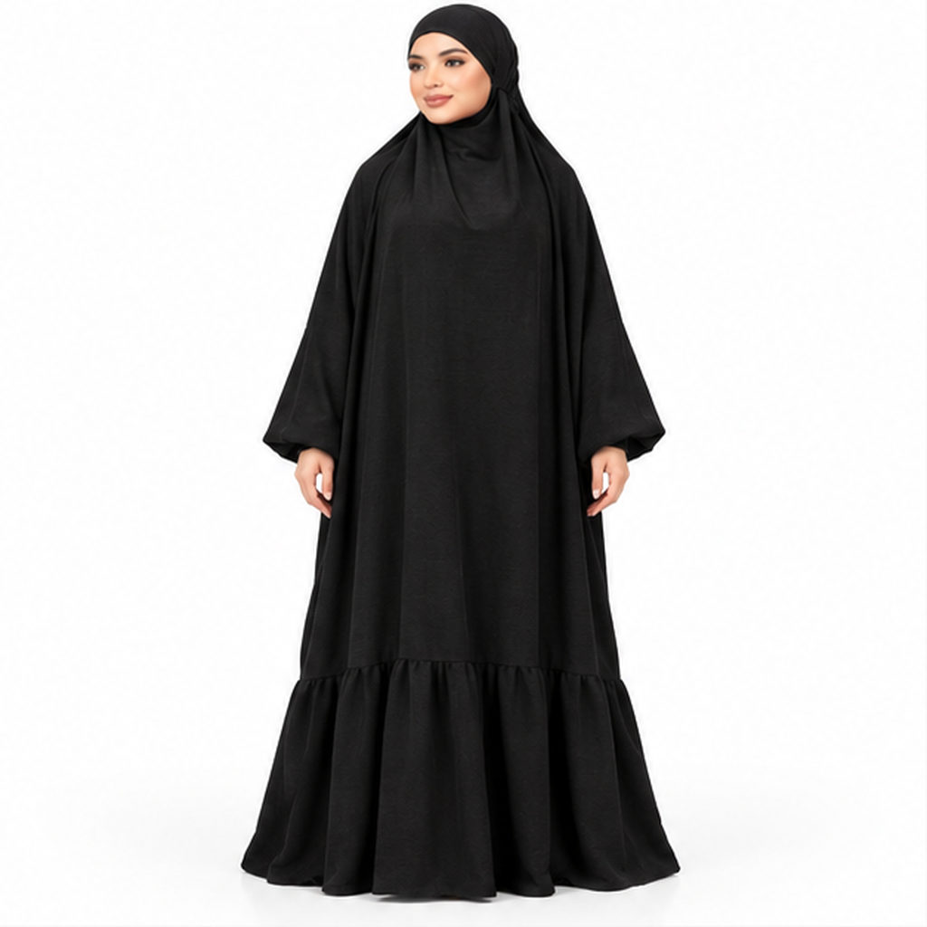 Elegant Black Jilbab With Ruffled Hem-1