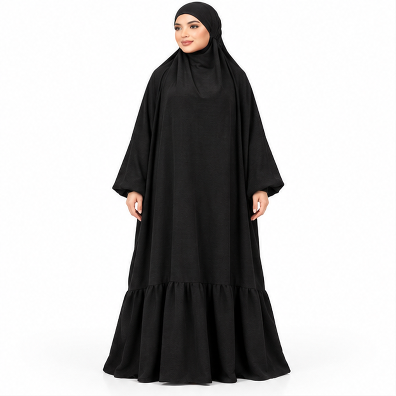 Elegant Black Jilbab With Ruffled Hem-1