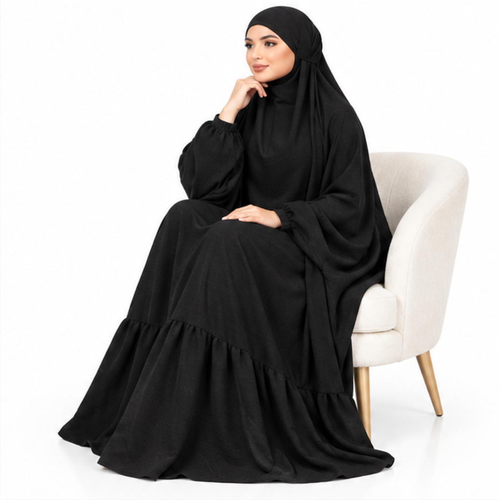 Elegant Black Jilbab With Ruffled Hem-3