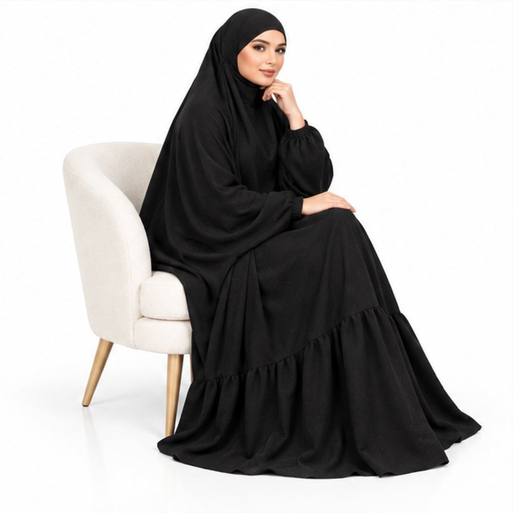 Elegant Black Jilbab With Ruffled Hem