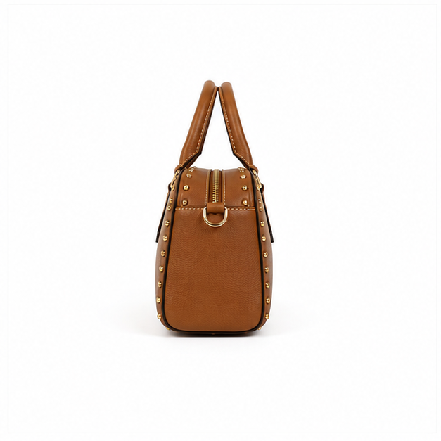 Brown Structured Boston Handbag with Gold Hardware-3