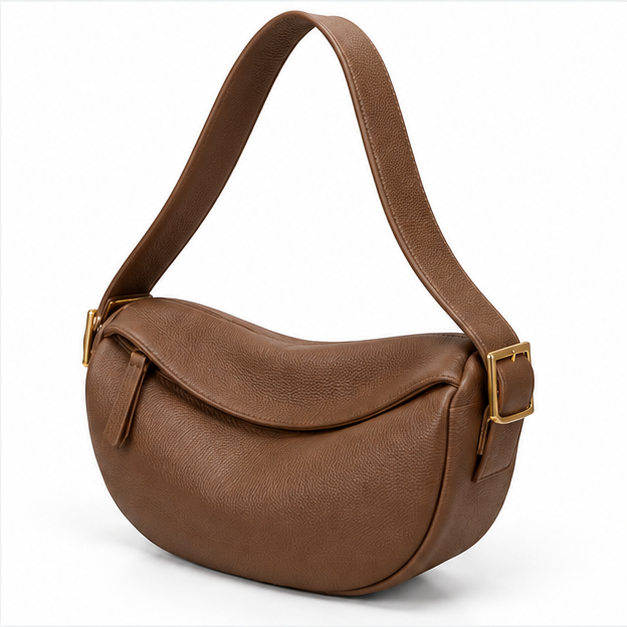 Brown Crescent Shoulder Bag With Buckle-2